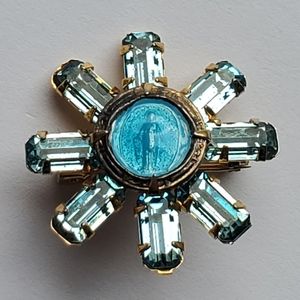 Vintage Virgin Mary Gold Tone Blue Enamel Pin Brooch Blue Topaz Colored Stones